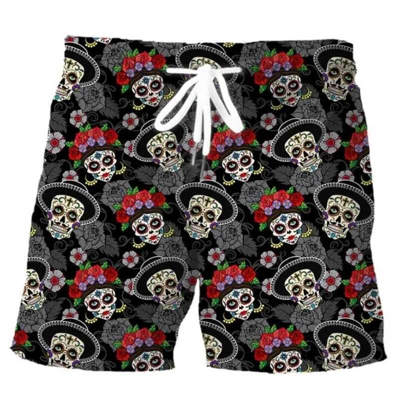 New Mens Skull 3D Print Beach Shorts Graphic Mens Casual Sports Shorts Summer Surfing Shorts Breathable Shorts Hip Hop PantsT250304