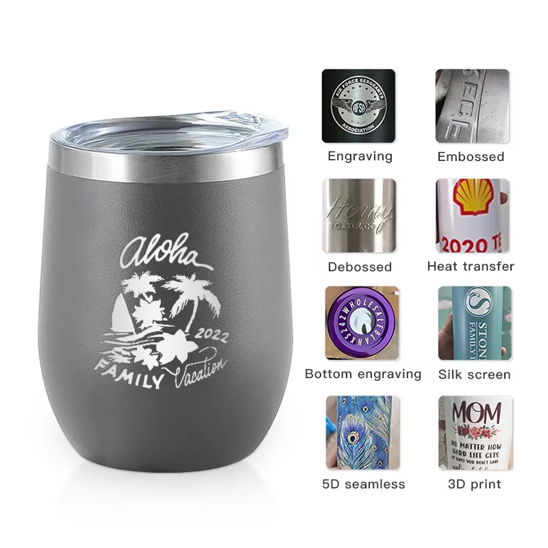 Customize logo 12oz Powder Coated wine glass Tumbler Stainless Steel Double Wall Insulated Vacuum egg Cups with lid red wine glasses 16 colors