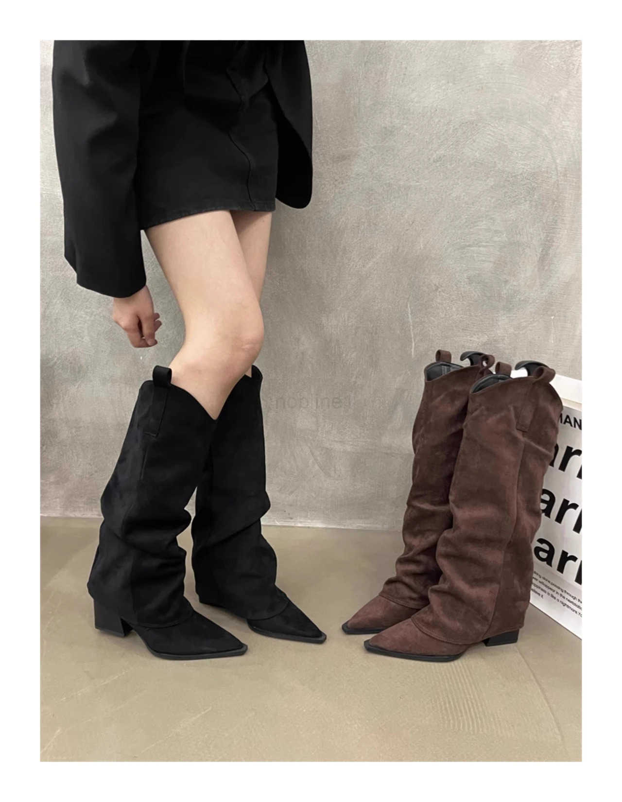Pleated Boots Wen Faux Suede Flock Knee High Boots 2024 Winter Wen Fion Slip on Square Low Heel Knight Booties Mujer Z250304