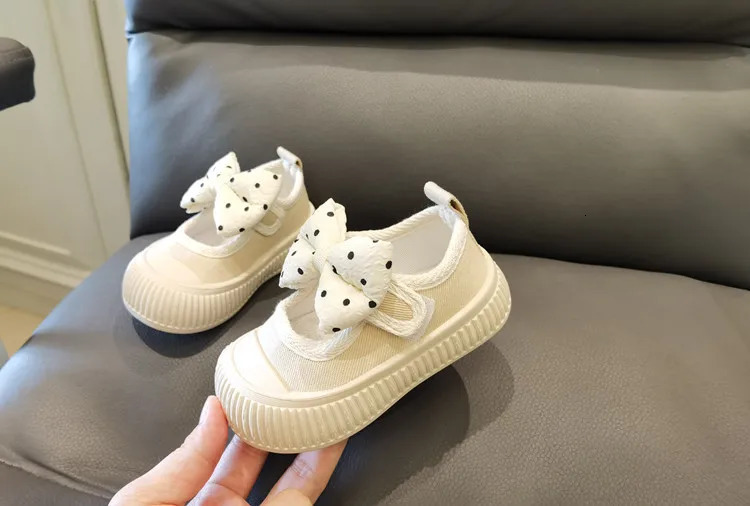 Girls Fashion Shoes Canvas Sneaker Kids Polka Dot Bow Princess Flats Breathable Baby Student Soft Sole Casual Spring 250303