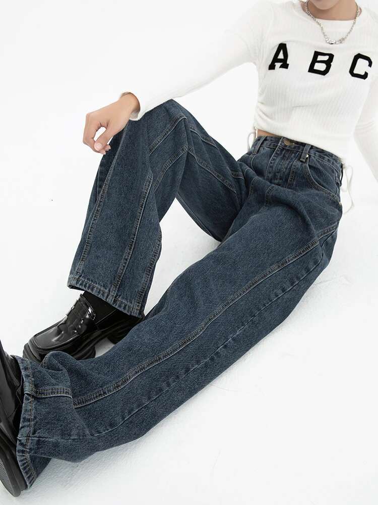 Dark Blue Womens Jeans High Waist Vintage Straight Baggy Pants Streetwear American Style Fashion Wide Leg Denim Trouser