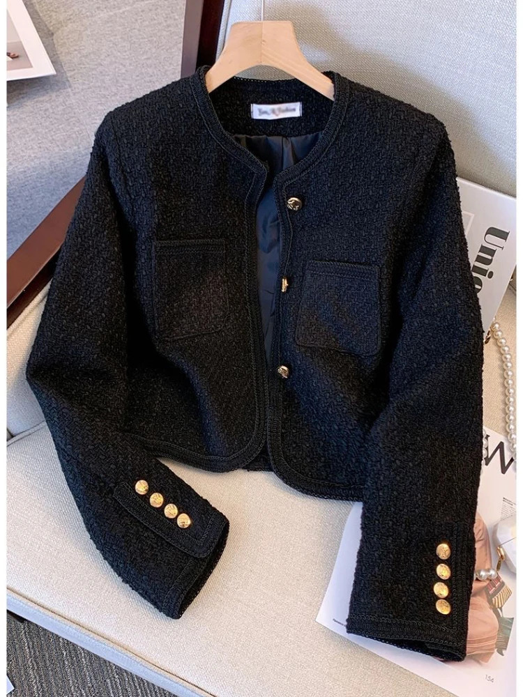 Autumn Winter Small Fragrant Tweed Jacket Coat Women Vintage Woolen Short Coats Streetwear Elegant Casual Slim Outwear Crop Top 250225