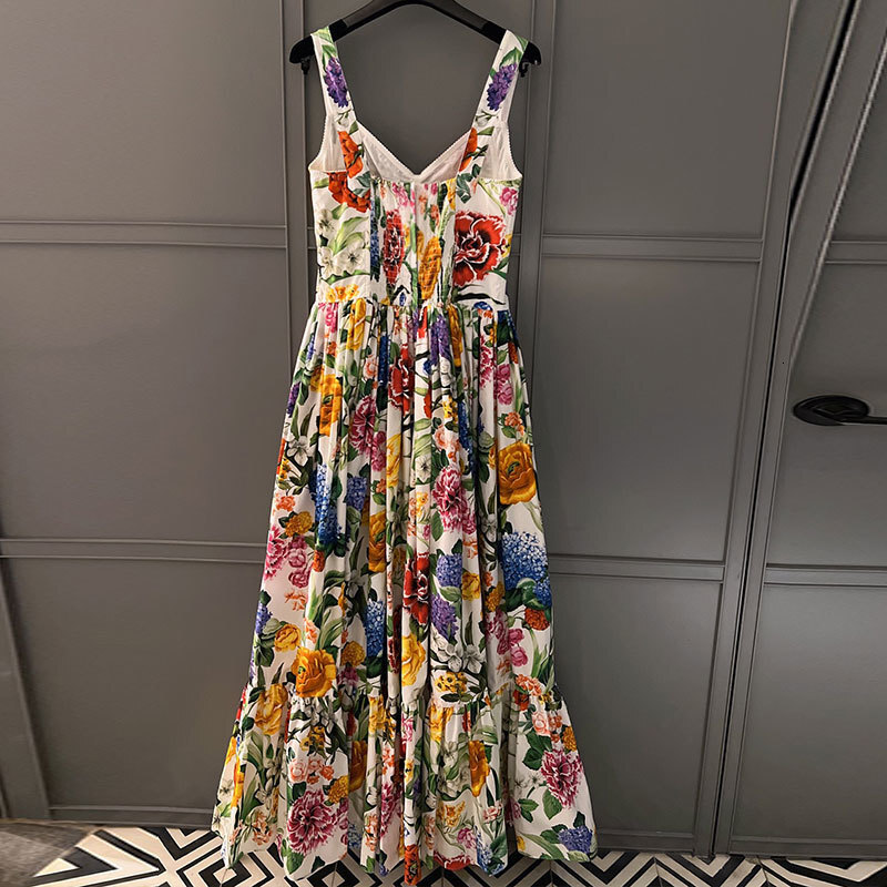 Women's Floral Print Cotton Camisole Dress Elegant Square Neck Waist-Up Pleated Clothes Stylish Summer Vacation Fashion Luxury Designer High-Qual