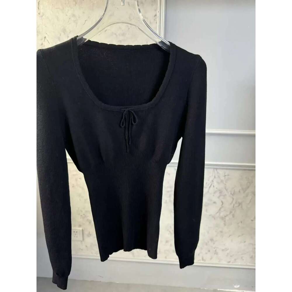 Women 2025 Autumn And Winter New Elastic Thread Waist Knitted Round Neck Lace-Up Long Sleeve Top