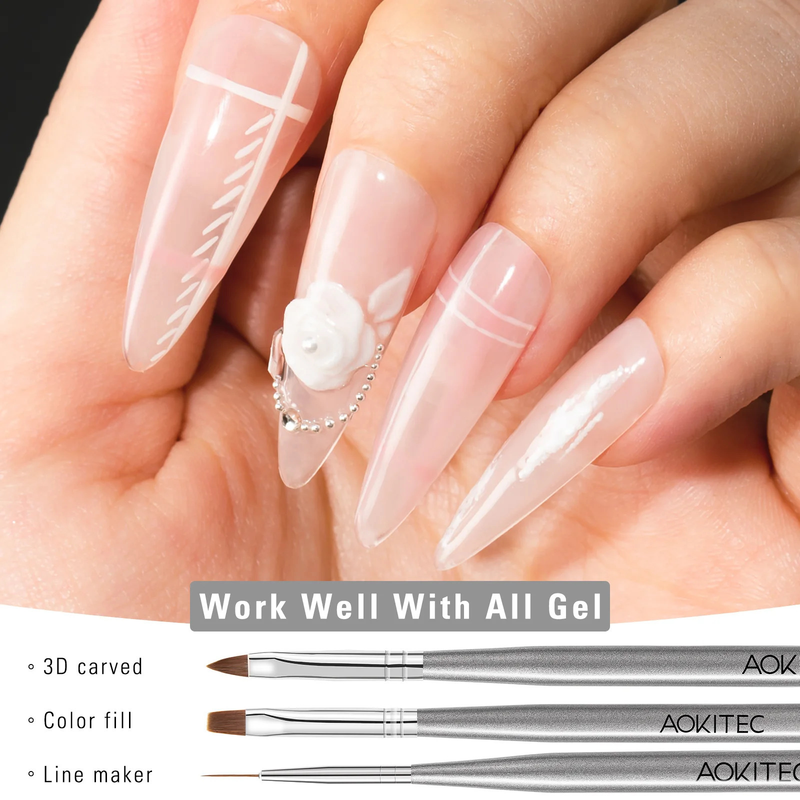 Aokitec Nail Brushes Set Art Painting Drawing Carving Dotting Pen Acrylic Gel UV Polish Manicure Tools 250304