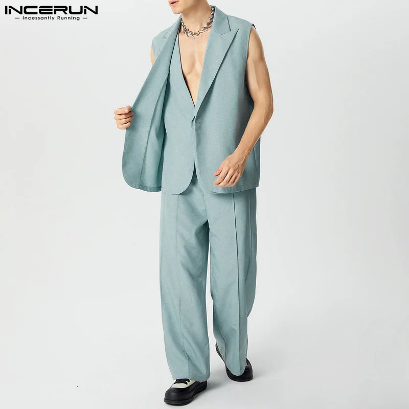 INCERUN Men Blazer Suit Notch Collar Sleeveless One Button Double Layer Blazer Vest And Solid Color Long Pants 2Pcs Pantsuit 250303