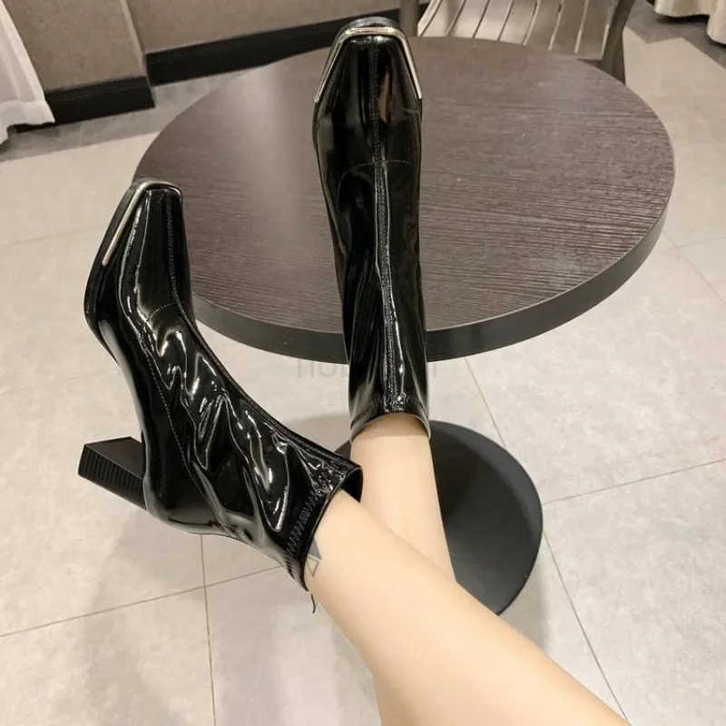 Wens Square Toe Short Boots Fionable Elastic Zipper Boots Autumn Winter Outdoor High H Motorcycle Shoes Black Botines Z250304