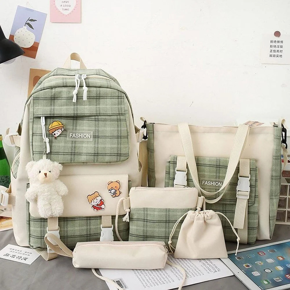 Ship from US 5 piecesset Fashion Backpack Large Capacity Canvas School Waterproof Student Travel Office Pendant Badge 250304FBB