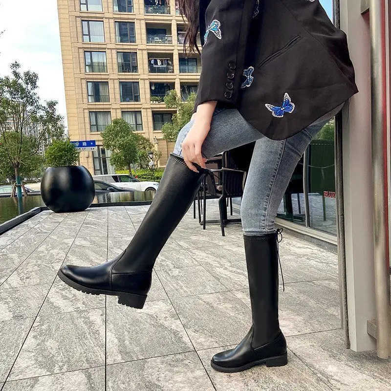 Middle Heel Round Toe Wens Boots Winter Knee High Shaft Black Footwear Biker Long Shoes for Wan Y2k Hot Gyaru S Quality Z250304