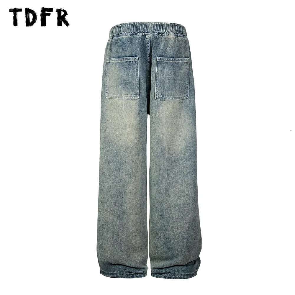 Pocket Washed Distressed Jacket Mens Retro Casual Streetwear Drawstring Elastic Waist Straight Wide Leg Denim Pants Men