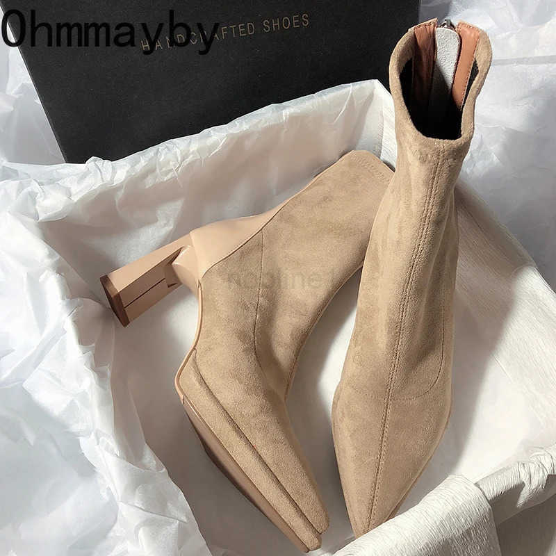 Square High Heel Wen Ankle Boots Fion Zippers Shoes Style Autumn Winter Pointed Toe Ladies Dancing Party Pr Shoes Z250304