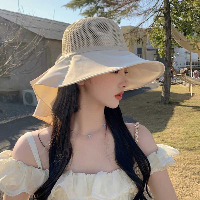Summer Women Bucket Hat With Shl Lightweight Breathable Mesh Face Neck Protection Sun Hat Bow Pleat Beach C Design TravelXJ250304