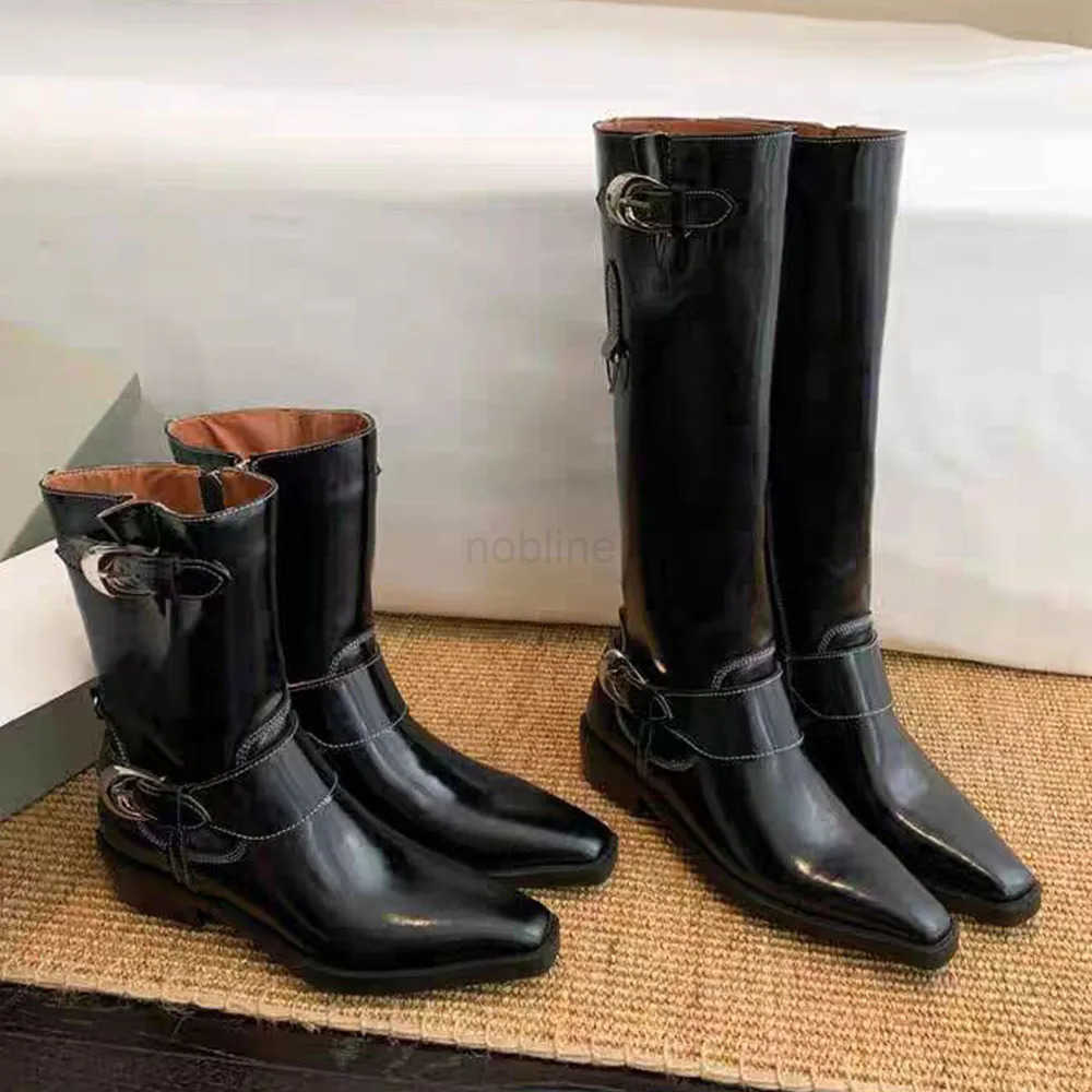 High Quality Brand New Punk Buckle Belt Black Cowboy Boots Square-heeled Pointy Toe Vintage Brown Motorcycles Boots Wen Shoes Z250304