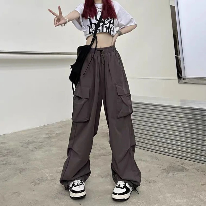 Back to School Womens American Hip-Hop Wide-Leg Large Pockets Drawstring Work Pants High Street Casual Sports Pants 250303