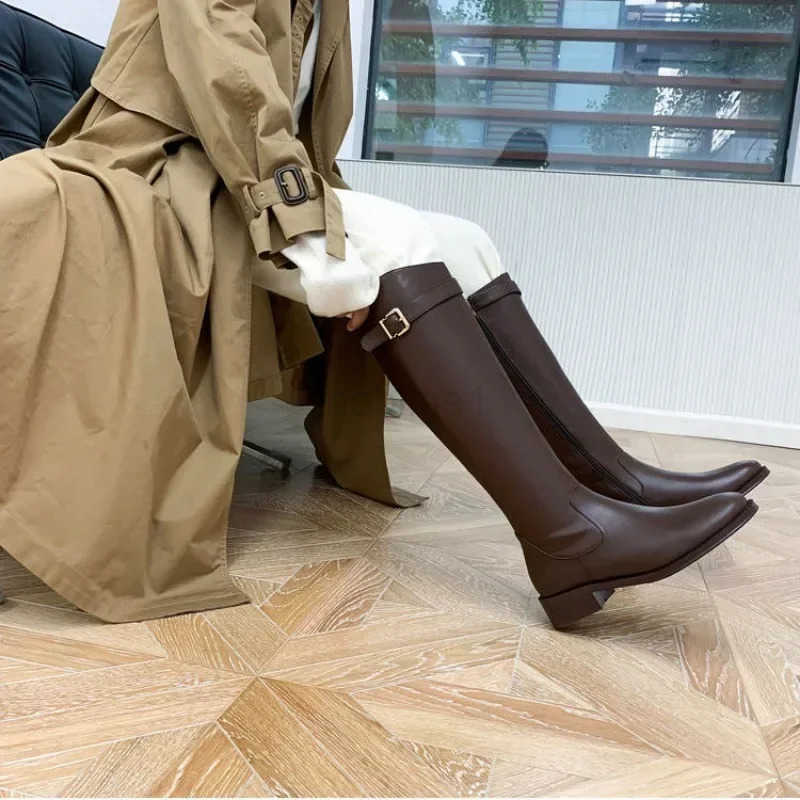Black Elegant with Low H Shoes for Wan Long Brown Wens Boots Winter Knee High Shaft Stylish Last Pr Goth Z250304