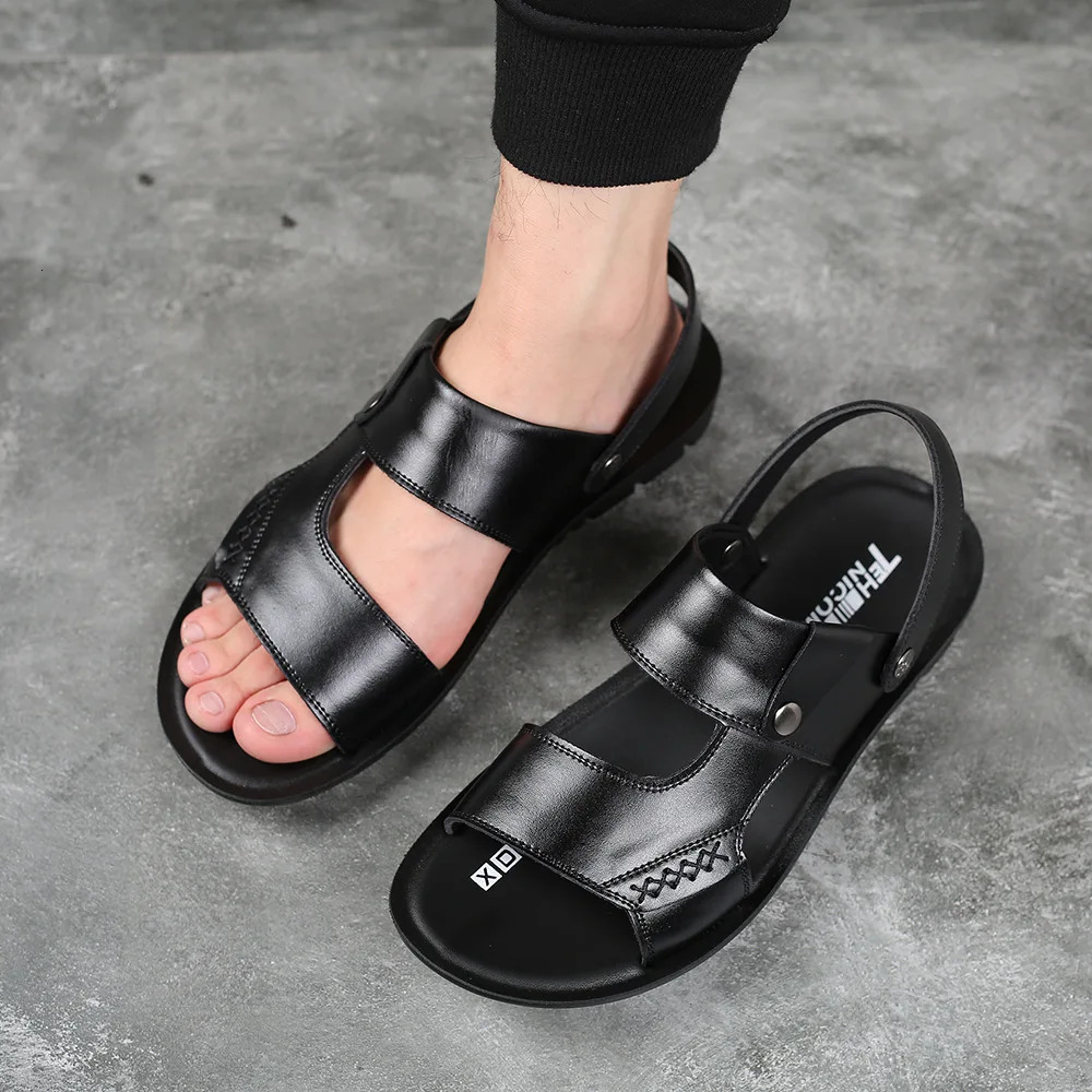 Retro Sewing Sandals Transfer Slipper Non-slip Genuine Cow Leather Shoes for Men Comfortable Casual Summer Fashion British Style 250303