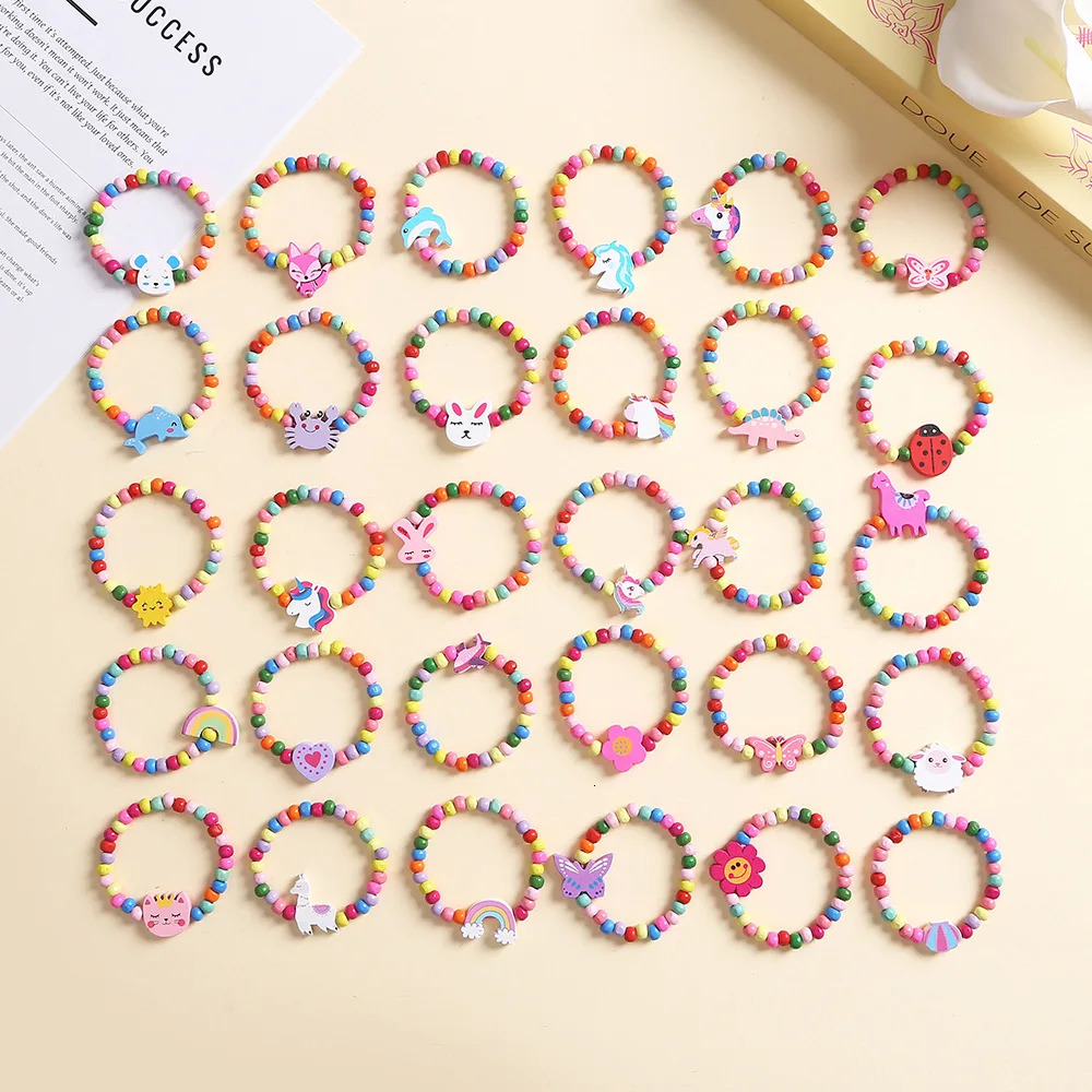 50Pcs/Set Cartoon Children Wooden Beads Color Bracelet for Girl Birthday Party Favors Baby Shower Guest Gifts Pinata Fillers 250304