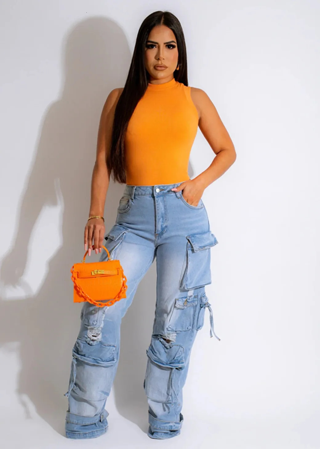 Multi Pockets Denim Straight Pants Sexy Women High Waist Elegant Streetwear Jeans Casual Trousers 250227