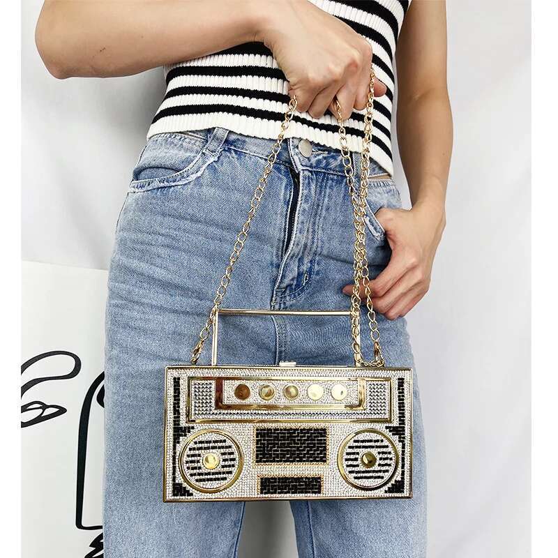 Dia Radio Shape Party Evening Clutch For Wedding Metal Handle Designer Purse And Handbags Chic Chain Shoulder Bag