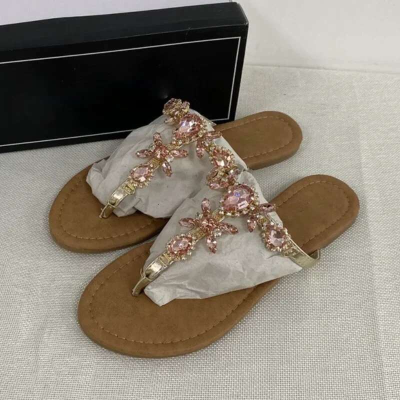 Trendy Summer 2025 Women's Shoes Large Size Beautiful Crystal Shiny Flat with Female Sandals Bohemia Back Strap Footwear