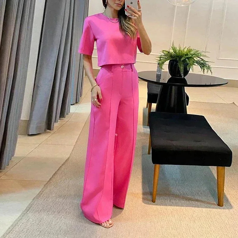 Office Outfits Fashion Solid Color Casual Wideleg Pants Short Sleeves Blouses Suits Elegant Commuting Summer Sets For Women 250225