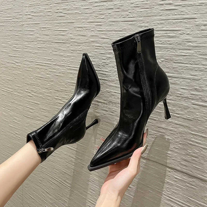 Fion Slimming Boots Elegant Pointed Leather Skinny Boots 2024 Wens Ankle Short Botas Stiletto High H Lolita Shoes Z250304