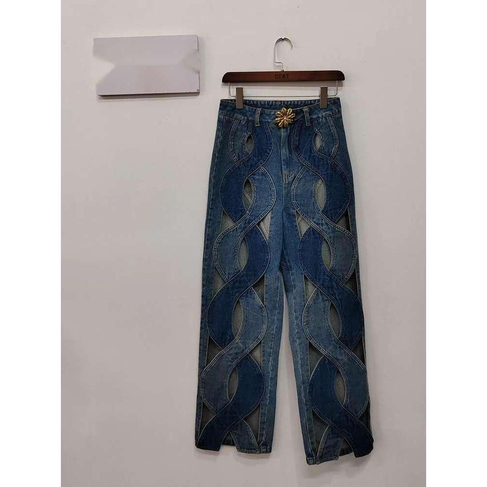 Fashion Women's Jeans High Waist Cross Contrast Color Hollow Out Metal Button Straight Denim Pants Summer 2025 New