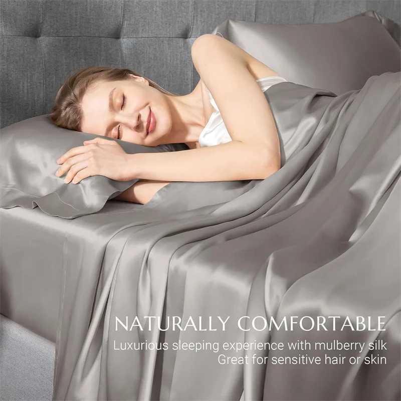 100% mulberry silk 4/6 piece bed sheet set solid color bed sheet set luxurious silk set flat pillowcase washable and softXJ250303