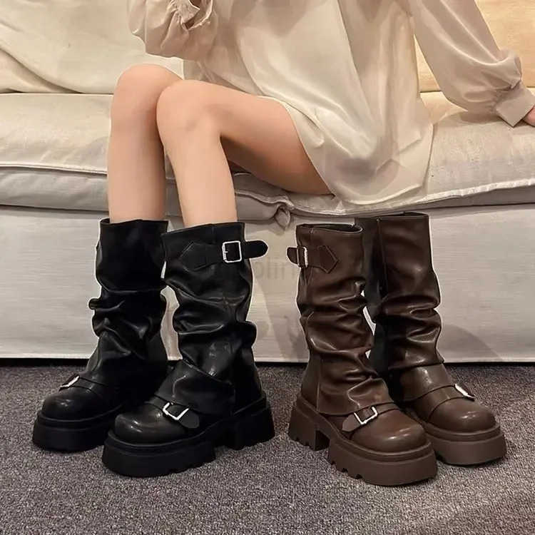 Wens Boots Brown Maillard New Spring Autumn Height Increasing Cfortable Anti Slip Fion Belt Buckle Boots Z250304