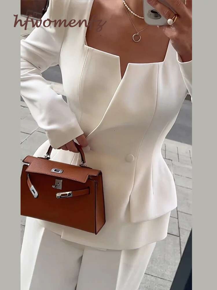 Elegant White Coat Set Square Collar Double Breasted Long Sleeve Blazer Hip Package Fashion Lady Skirt 2 Piece New Outfits