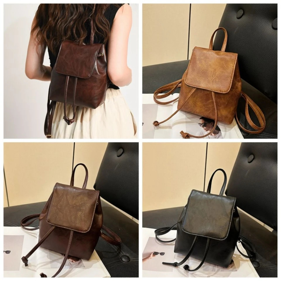 Ship from US Vintage Style PU Leather Backpack Solid Color Flap Schoolbag Casual Daypack Versatile Shoulder Bag For Women 250304FBB