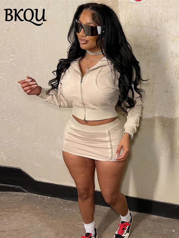 BKQU Casual Hoodie 2 Piece Women Skirt Sets Autumn Fashion Crop Zipper Jacket And Hip Wrap Mini Skirt Matching Tracksuit Outfits 250303