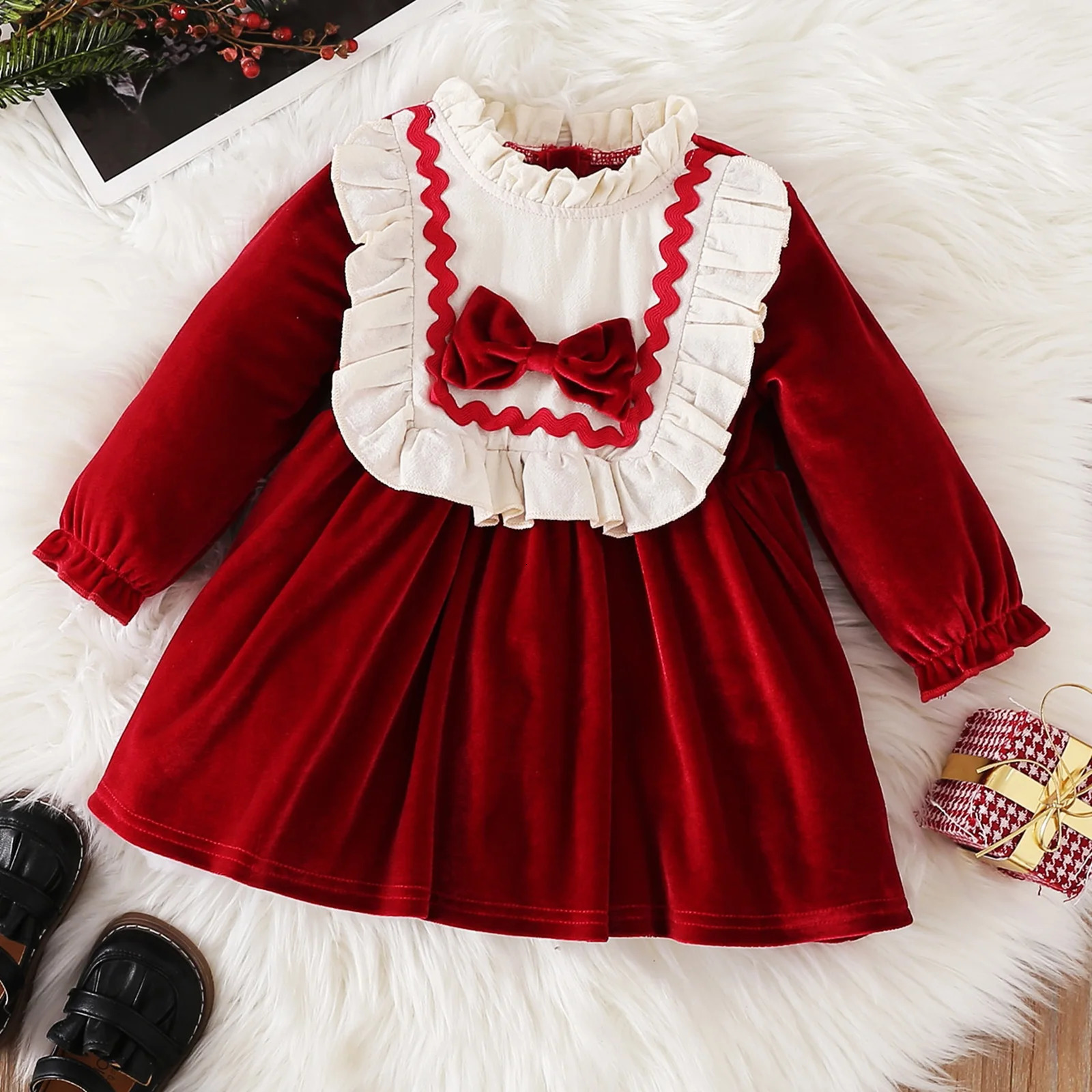 Toddler Girl Boutique Velvet Dress Christmas Princess Party Bowknot Dresses Kid Cute Ruffled Neck Long Sleeve ALine Tutu 250303