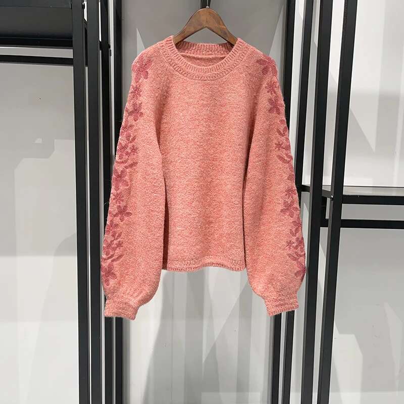 Ral Embroidery Women Puff Sleeve Sweater Soft Fashion Top Female O-Neck Jumper Fall Winter 2025