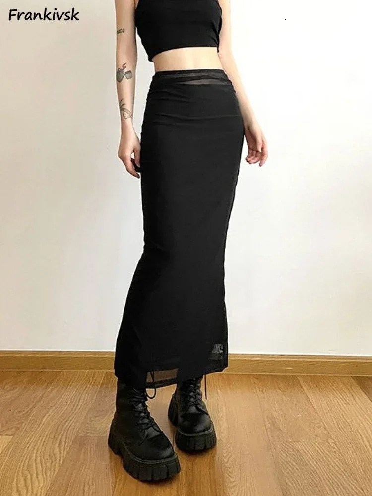 Long Skirts Women Y2k Slim All-match High Street American Retro sweet Gothic Faldas Women Summer Chic Solid Clothing Party 250228