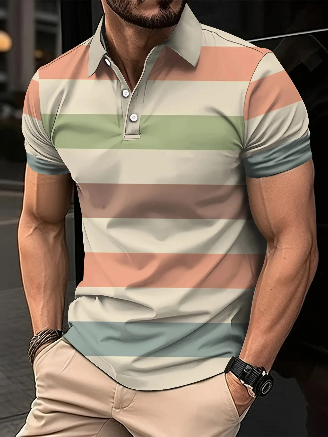 Mens Summer Short Clothes Sleeved Lapel 3D Digital Printed Striped Polo Shirt Mens Fashion Business Casual Top Clothes 250304