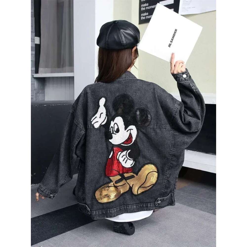 2022 Spring Autumn Long Sleeve Embroidered Sequin Cartoon Oversized Denim Jacket Women Loose Mid-Length Fashionable Jeans Coat