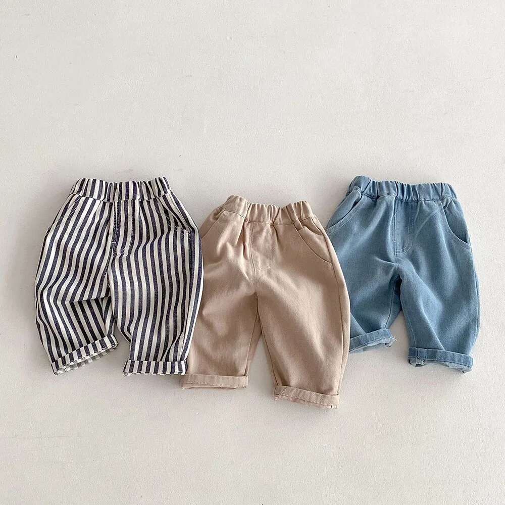 Ddmyshoesvip Jeans Stripe Denim Loose Straight Patchwork Pocket Boys Trousers Mid Waist Kids Outfit Pants
