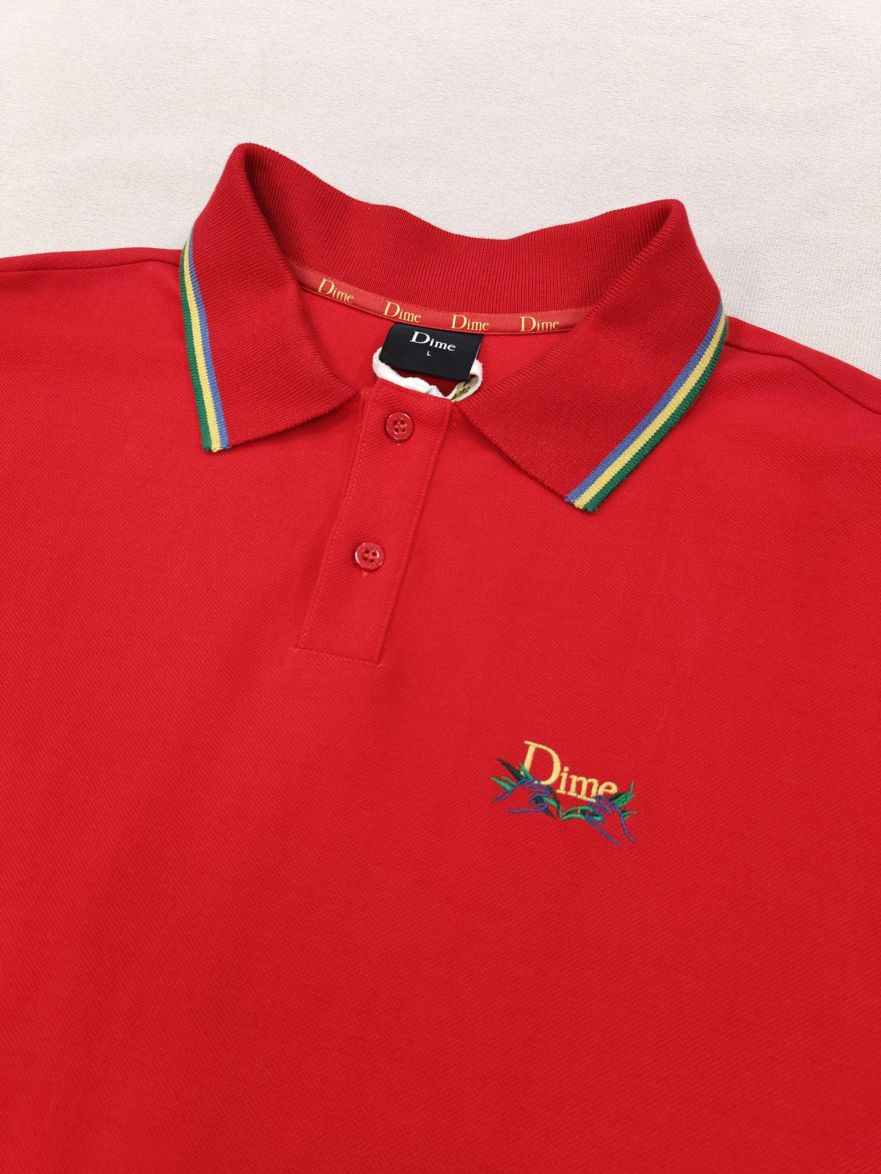 Men's Fitted Stretch Red Embroidery Polo Shirt Ribbed Cuffs and collar with rainbow striped pattern for Casual Wear