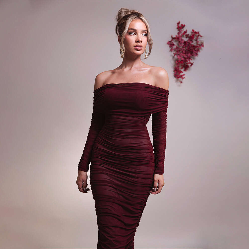New mesh one shoulder pleated for women, slim fit sleeved dress with wrapped buttocks and long skirt