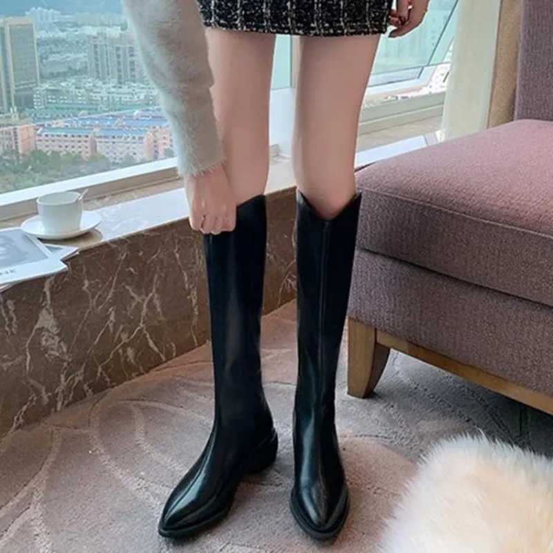 Middle Heel Knee High Shaft Shoes Wan Leather Brown Pointed Toe Long Boots for Wen Cfortable and Elegant New in Footwear Z250304
