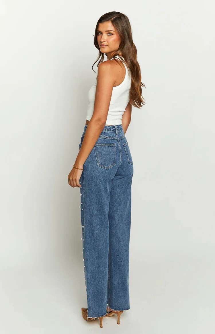 Lcchee Y2k Slanted Waist Cross Vintage Beaded Straight Burrs Denim Trousers Jeans Women