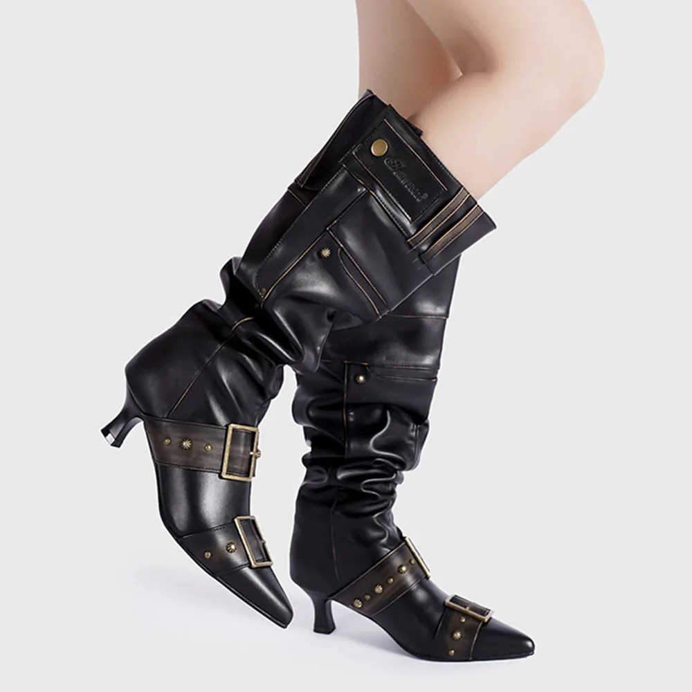 Brand Design Bronze Kitten H Wide Calf Pleated Boots Elegant Pointy Toe Modern Lady Mid-calf Boots Shoes Buckle Decor Z250304