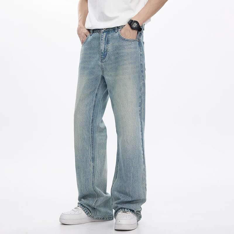 KSTUN Light Blue Jeans Men Flared Boot Cut Loose Men's Trousers Streetwear Denim Pants Americian Style Mens Clothing 2025