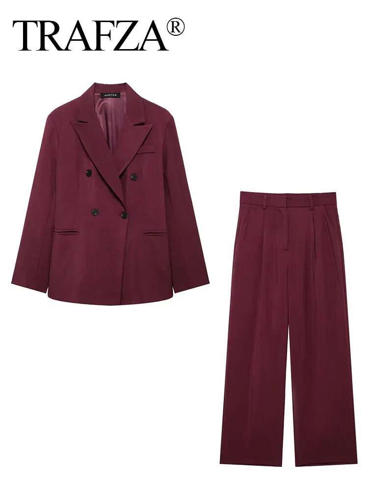 TRAFZA Women Vintage Wine Red Blazer Pant Suits Double Breasted Long Sleeve Coat Zipper Fly Straight Trousers Lady Office Sets