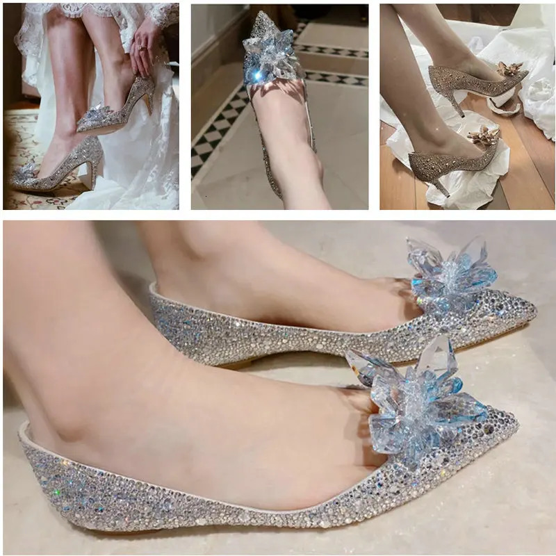 High Heels Wedding Women Shoes Diamond Pumps Crystal Shoes Rhinestone Pointed Toe Glitter Party Sliver 250303
