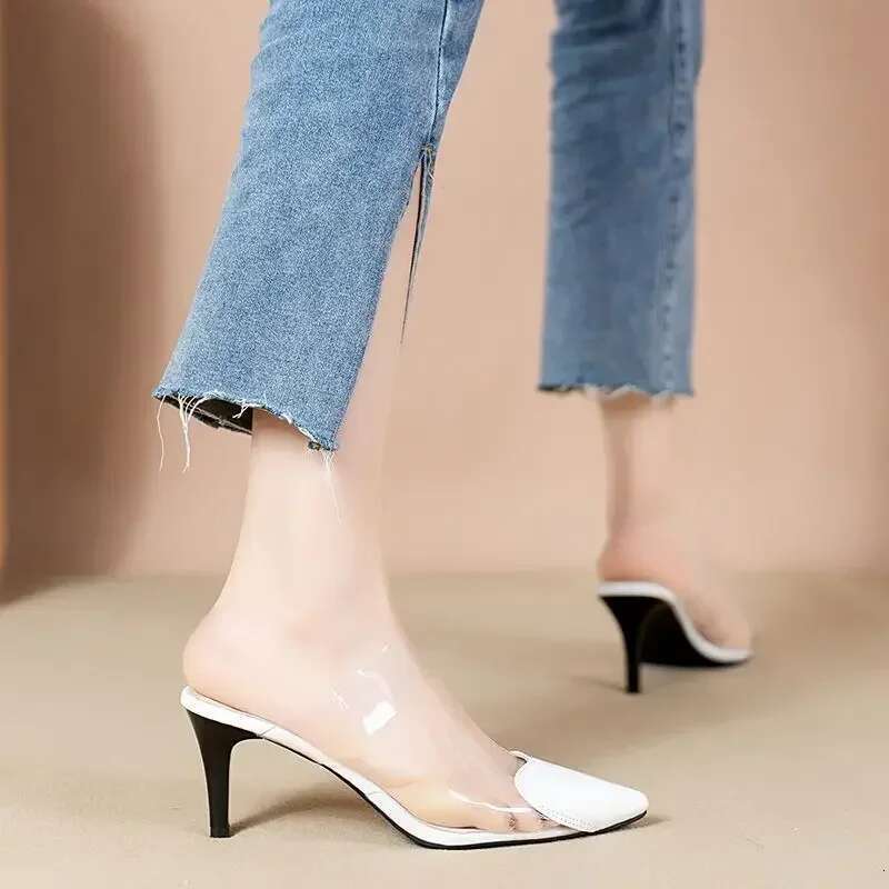 Pointed Toe FHC Slippers,High Heeled Summer Shoes,Transparent PVC Slides,Outside Wearing,Slip On,Black,White,Red,35-40,Dropship