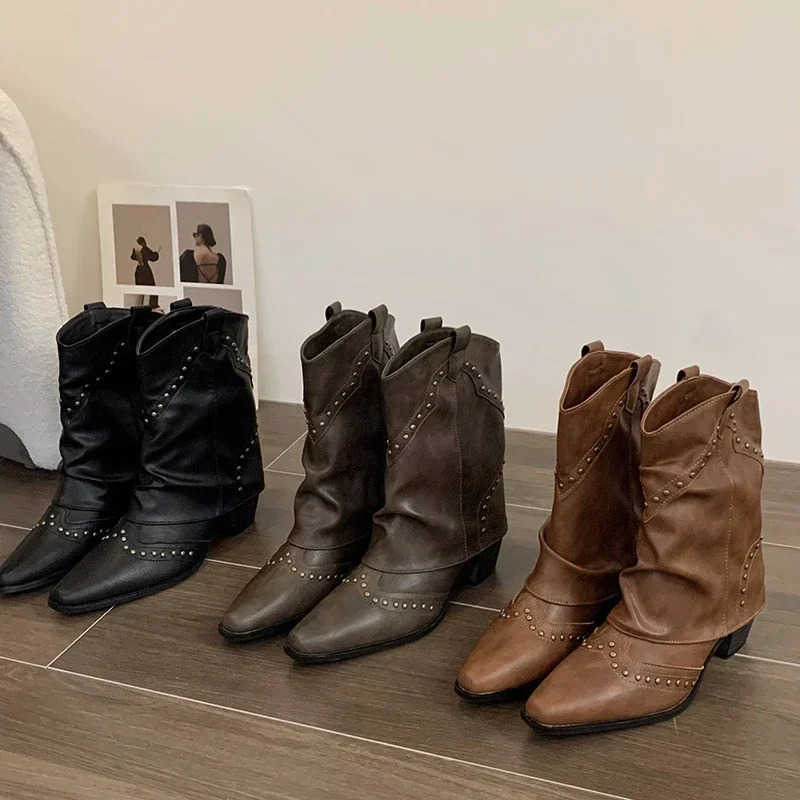 Autumn Winter Wen Trouser Short Boots Style Wern Knight Booties Pointed Toe Square H Fem Shoes Z250304