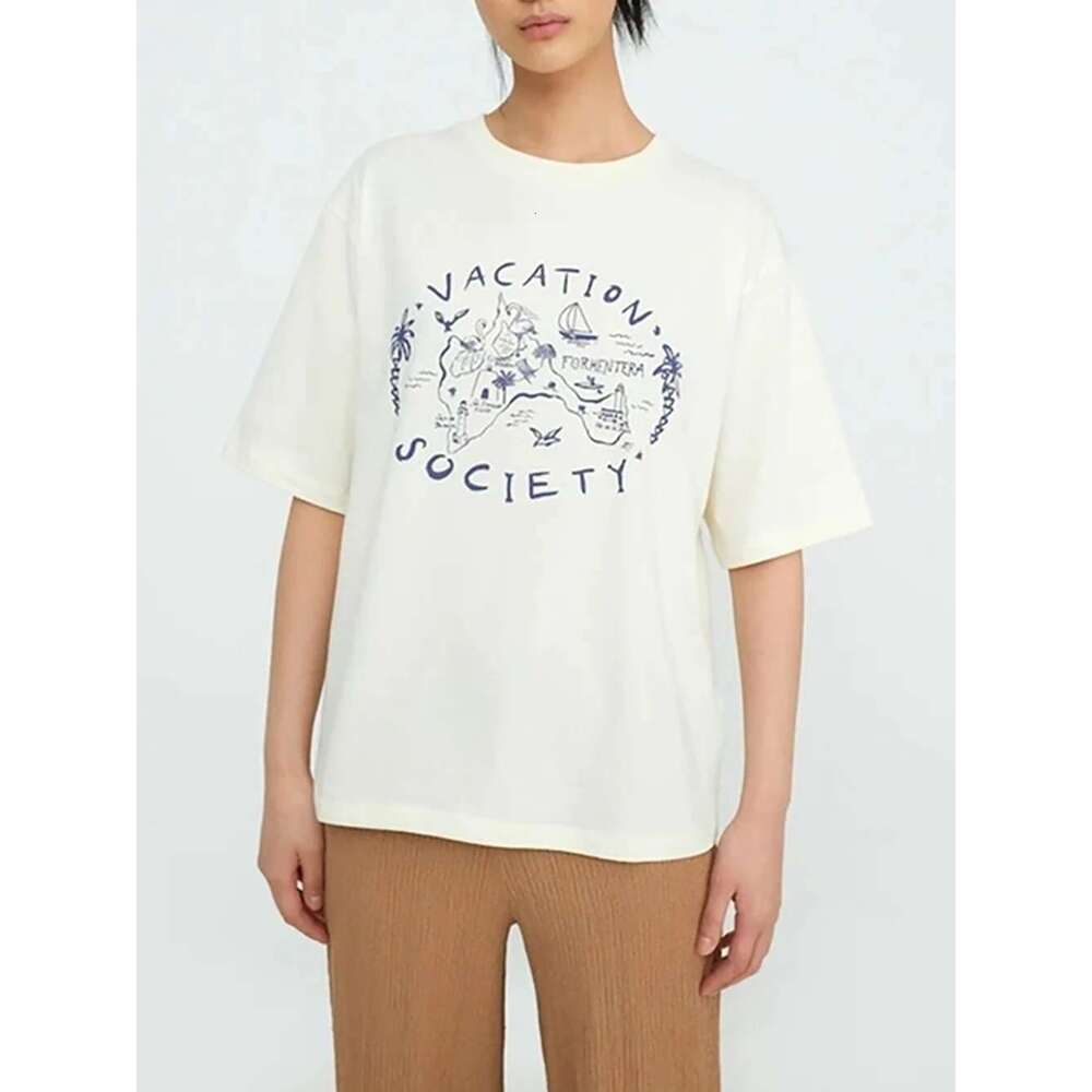 Map Bird Coconut Tree Letter Graphic Print Women T-Shirt Summer Short Sleeve Lady Pullover Casual Vintage Femme Top