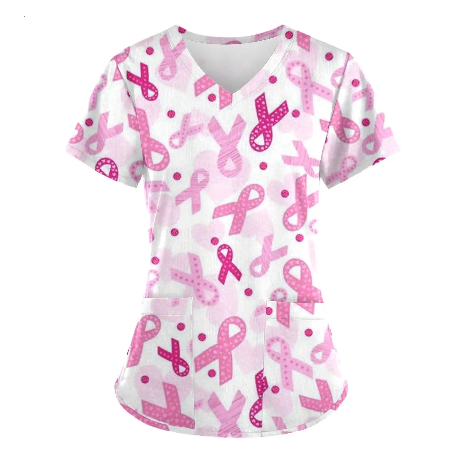Scrubs Uniform Pink Ribbon Cancer Fighter Graphic Womens Uniforms V Neck Short Sleeve Tops with Pockets Scrubs for Wome 250303
